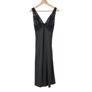 Natori Black Lace Trim Satin Nightgown‎ Slip Dress Small Sleeveless